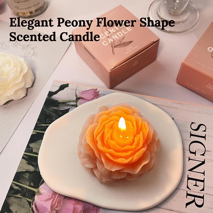 Light-Peach Peony Flower Shape Candles for Women - Aromatic Pastel Aesthetic Candle with Rose Fragrance - Christmas Gift for Friends Colleagues and Classmates (3 inch)
