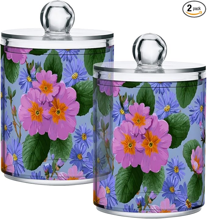 2 Pack Apothecary Jars Artistic Primrose Aster Pattern Bathroom Vanity Storage Organizer Set,Small Clear Plastic Storage Jars Bathroom Canister for Cotton Swabs, Rounds, Balls, Qtips,Makeup Spo