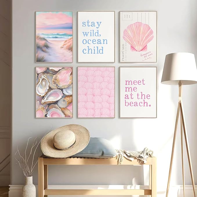 6Pcs Pink Beach Preppy Wall Art Prints Coastal Granddaughter Aesthetic Wall Decor Pictures Summer Oyster Shell Meet Me At The Beach Posters for Girly Bedroom Dorm Apartment Home Decoration 12x16in