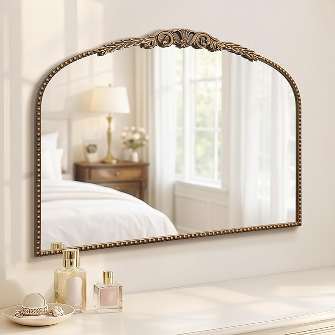 Besdomus Gold Vintage Vanity Mirror: 24"x 32" French Baroque Arched Mirror - Traditional Ornate Antique Mirrors for Wall/Dresser/Mantel/Bedroom/Entryway/Bathroom/Hallway - Home Decor for Living Room