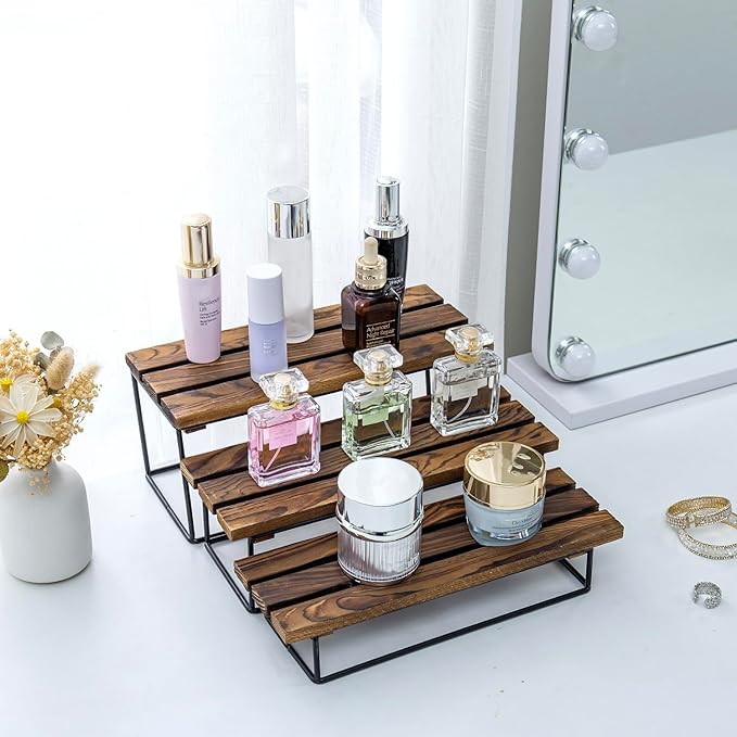 MyGift Wood Display Riser Stand, 3-Tier Rustic Tabletop Display Shelf for Retail, Vendor, Countertop Perfume Organizer, Cupcake Stand, Kitchen Spice Rack