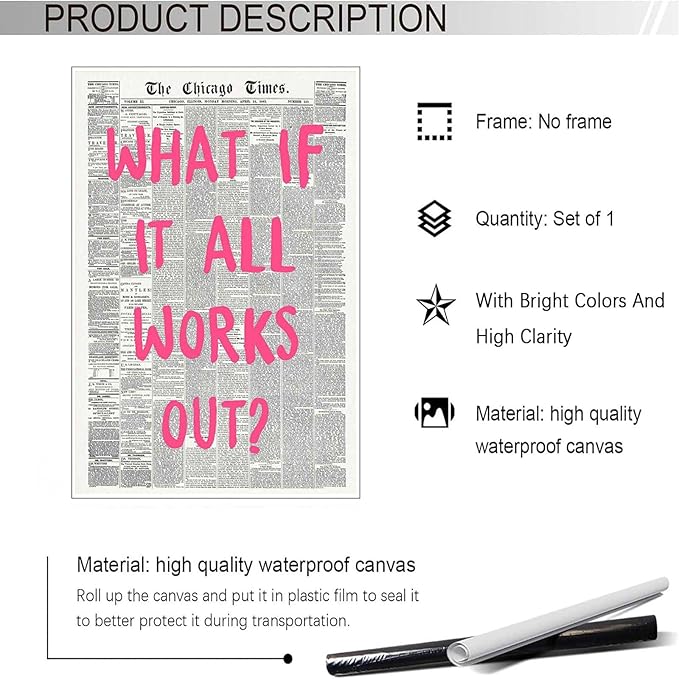 Drimiler What If It All Works Out Poster Retro Newspaper Pink Font Canvas Wall Art Positive Affirming Quote Minimalist Prints Painting For Home Bedroom Dorm Wall Decor 16x24in Unframed
