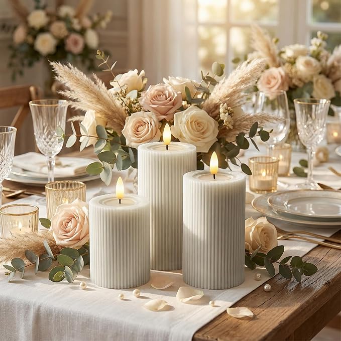 Fluted Ribbed LED Pillar Candles, Cream Beige, with Reflective Melted-Wax Effect – Flickering Flame, Remote, Dimmable, Flameless, Battery Operated, Home & Wedding Decor (Set of 3)