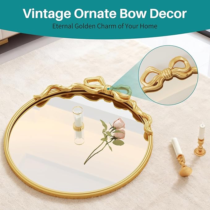 Round Gold Wall Mirror - 21"x21" Baroque Vintage Ornate Mirrors of Wall, Antique Gold Bow Mirror Circle with Metal Frame for Living Room, Bedroom, Nursery, Bathroom, Entryway, Hallway