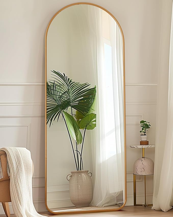 Antok Full Length Mirror, 56"x15" Floor Mirror with Stand, Hanging Mounted Mirrors for Bedroom, Living Room, Cloakroom, Dining Room, Gold, Arch