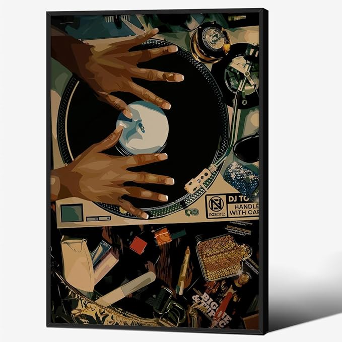 Music Record Canvas Posters Black Woman Abstract Wall Art Vintage Trendy African Girl Prints 16X24 inch Black Framed for Living Room Bedroom Dorm Wall Decor