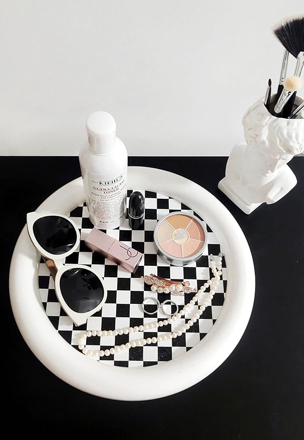Ciandid Checkered Decorative Tray, Checkerboard Jewelry Tray Dresser Tray for Makeup Perfume Organizer, Aromatherapy Reed Diffuser Tray Vanity Tray for Bathroom(White)