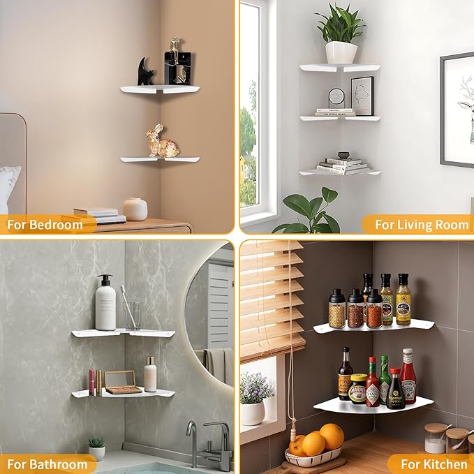 Corner Shelf Wall Mount, Floating Corner Shelves,Corner withs Wire Hole for TV, Cable Box,Corner Wall Shelf for Bathroom, Bedroom, Kitchen, Livings Room, Study Room (White, 1Pack 6 in)