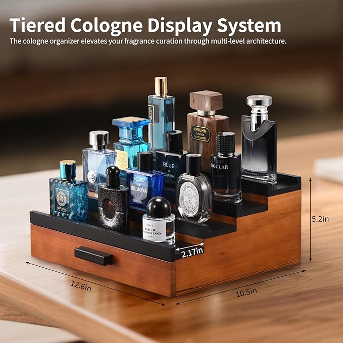 Perfume Organizer for Men, 4 Tier Wood Perfume Display Stand with Velvet Lining Drawer and Hidden Compartment for Watch,Jewelry,Perfume Display Risers,A Gift for Men (Black+Walnut)