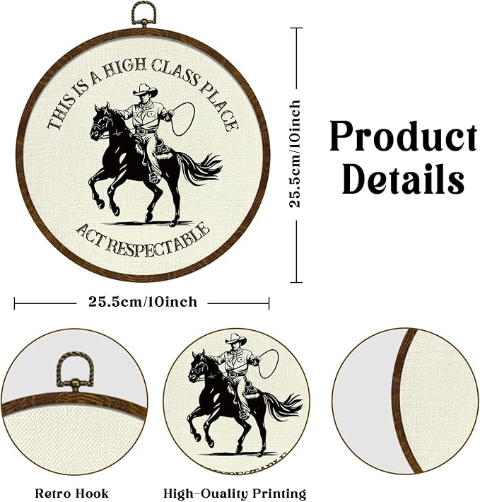 Round Wall Art Framed,Funny Cowboy Round Wall Decor –This Is a High Class Place- Rustic Western Decor for Living Room, Bar, Cabin, or Farmhouse,Gallery Space,10 In Diameter (Western cowboy)
