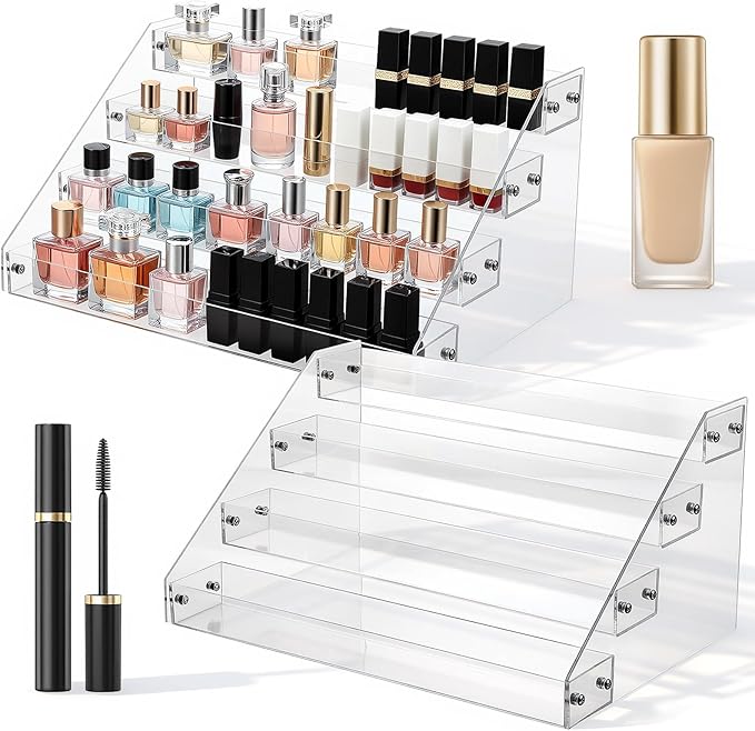 2 Pcs 12" Acrylic Riser Display Stands 4 Tier Clear Display Shelf Decorative, Skincare Organizers for Countertop, Tabletop, Collectibles, Nail Polish Perfume Organizer