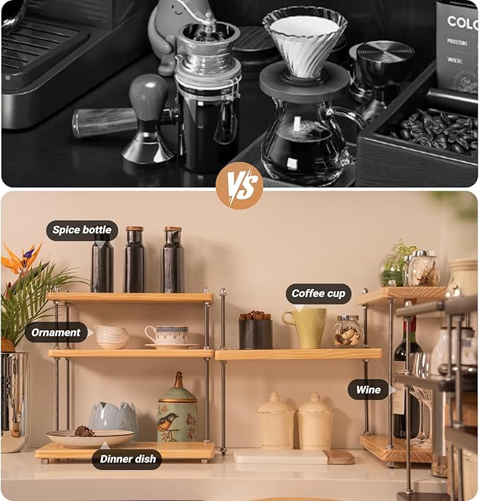 Solid Wood Coffee Station Organizer for Kitchen Countertop, Corner 3 Tier Adjustable Wooden Shelf with 304 Threaded Rod for Coffee Bar Accessories, Vintage Storage Caddy for Home, Cafes, Natural