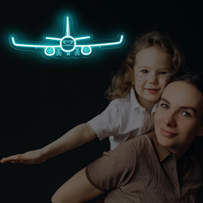 Airplane Neon Sign, Handmade LED Light, Airplane Wall Decort, Gifts for Pilot, Aviation Lover Gift, Kids Room Decor, 16.5"x6.5", Ice Blue