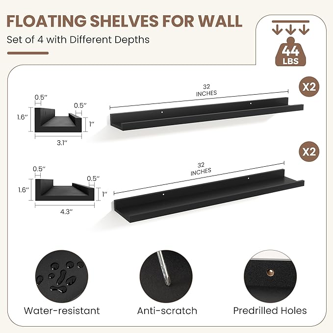 Fun Memories Picture Ledge Shelf, Black Floating Shelves Set of 4, 32 Inch Picture Shelves for Wall with Ledge, Large Nursery Book Shelf for Toys Storage, Living Room, Bedroom Decor Frames