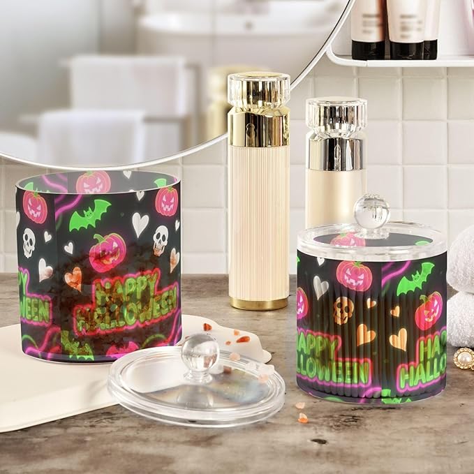 Halloween Heart Pumpkin Neon Green Pink Clear Plastic Makeup Organizer Storage with lid Dresser Essentials Decorative storage bin for Cotton Swabs,Cotton Pads,Floss Picks,Paper