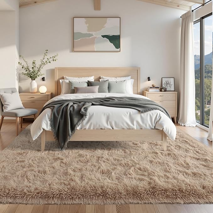 6x9 Living Room Rugs Fluffy Neutral Beige Area Rug,Modern Plush Non-Slip Soft Bedroom Shag Carpet for Book Room Office,Coffee Stain Resistant