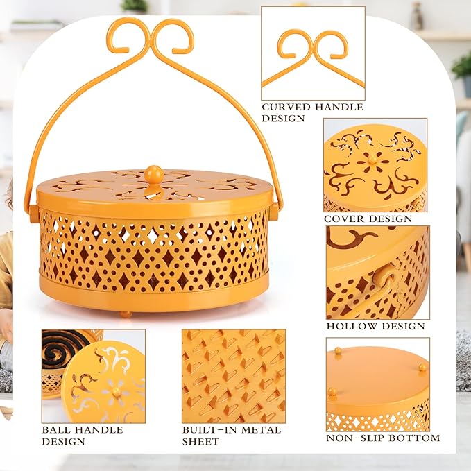 4 Pieces Mosquito Coil Holder Incense Coil Holder Round Retro Portable Metal Hanging Incense Burner with Handle for Home Camping Indoor Outdoor Patio(Yellow)