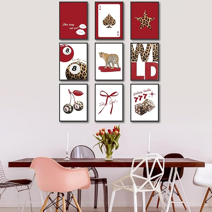9Pcs Trendy Red Leopard Wall Art Prints Funky Lucky 8 Ball Posters Preppy Cheetah Aesthetic Wall Decor Pictures Girly Bedroom Apartment Dorm Unframed 8x10in