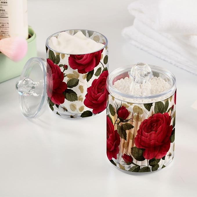 2 Pack Apothecary Jars Plump Red Roses and Bees Bathroom Vanity Storage Organizer Set,Small Clear Plastic Storage Jars Bathroom Canister for Cotton Swabs, Rounds, Balls, Qtips,Makeup Sponges, F
