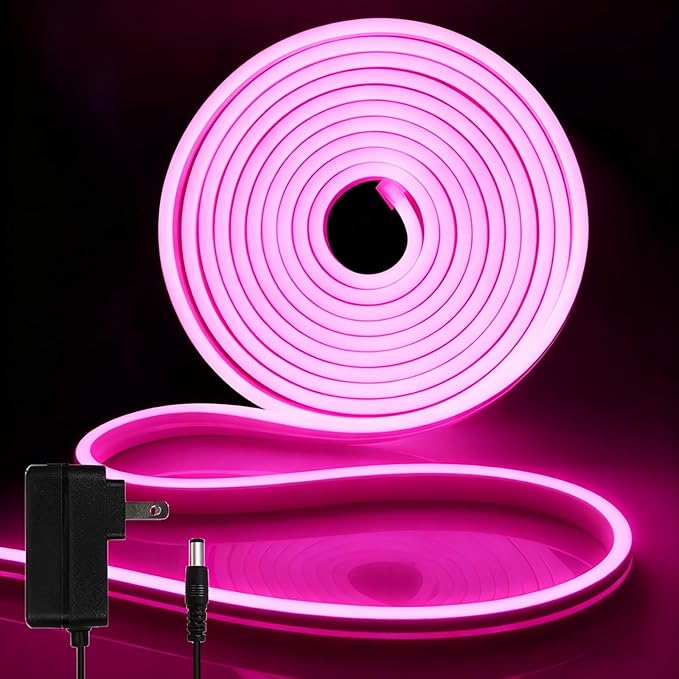 iNextStation 16.4FT/5M Pink LED Strip Lights, DC12V Silicone Neon Light Strip, IP65 Waterproof Led Rope Lights Dimmer for Cuttable DIY, LED Light Strip for Bedroom, Indoor, Outdoor(with Plug)