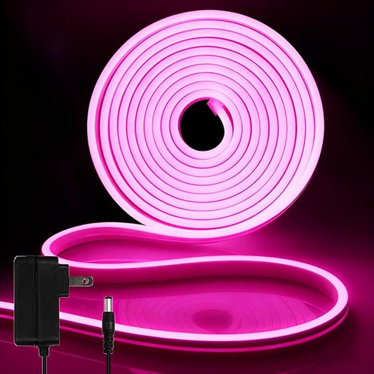 iNextStation 16.4FT/5M Pink LED Strip Lights, DC12V Silicone Neon Light Strip, IP65 Waterproof Led Rope Lights Dimmer for Cuttable DIY, LED Light Strip for Bedroom, Indoor, Outdoor(with Plug)