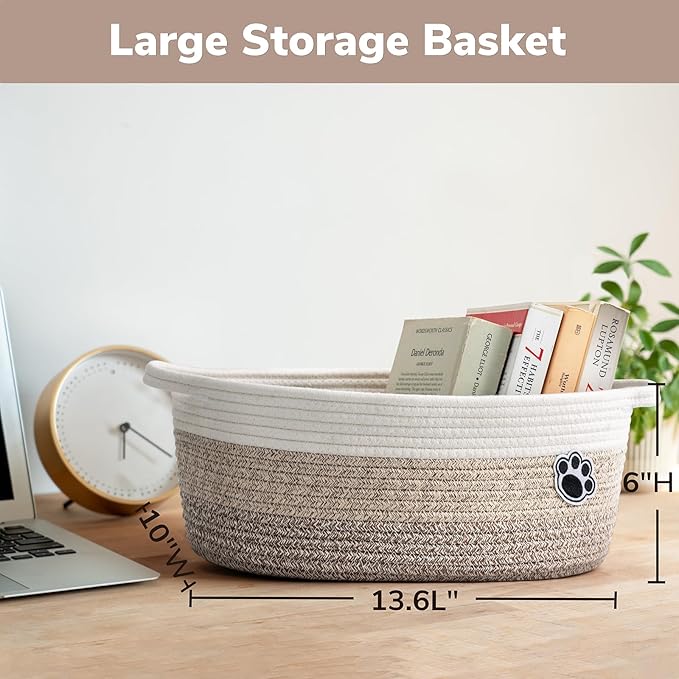 Dog Basket Gift Basket Empty, 13.6"x 10" x 6" Woven Storage Baskets for Organizing, Cotton Rope Baskets for Shelf, Dog Storage Bins with Handles, Mixed-Brown
