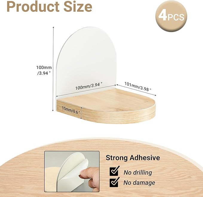 SAYAYO Small Floating Shelves for Wall Storage, 4 x 4 Inch Adhesive Wall Shelves for Bedroom Decor, Mini Display Wood Shelf Organizer with White Base for Living Room, Office, Balcony, 4 Pcs