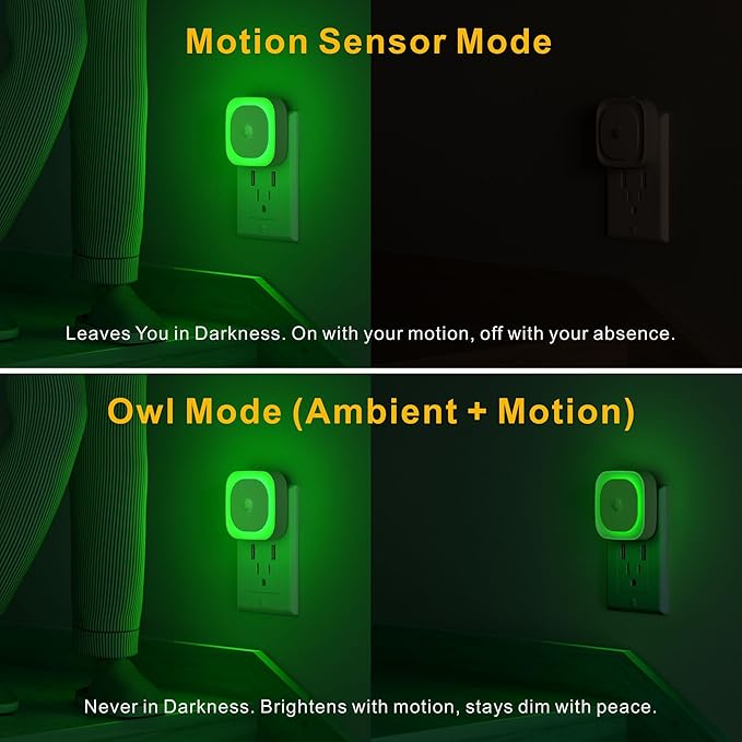 YUNLEX 2 Pack Plug in Night Light with Motion Sensor & Dusk to Dawn Sensor, 3 Sensor Modes, Auto ON/Off, Owl Mode for Steady Low Light, Dimmable, Calming Green LED for Home Office, Hallway, Bathroom