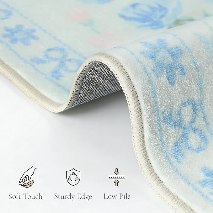 GENIMO 5X7 Washable Vintage Area Rugs for Living Room, Non-Slip Low Pile Chenille Print Rug, Soft Rugs for Bedroom Dining Room Home Office, Pastel Blue