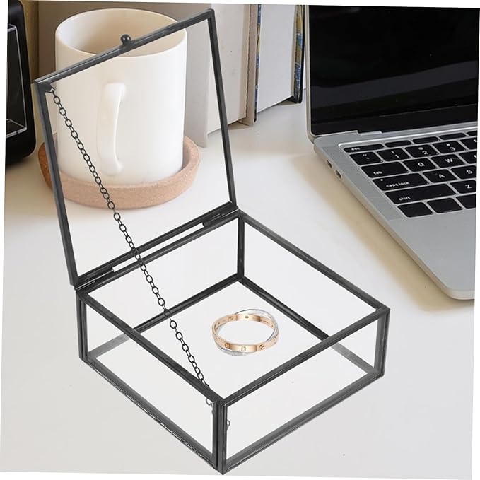 Levemolo Alloy Frame Glass Jewelry Storage Box Sealing Glass Case Lid for Women Decorative Ring Storage Cases Home Cosmetics Organizer