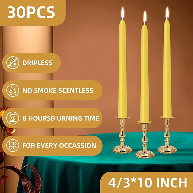LYOBATH 30 Pack Yellow Taper Candles - Taper Candles 10 Inch Dripless, Smokeless & Unscented - 8 Hours Long Burning - Ideal for Weddings, Dinner Parties, and Home Decor