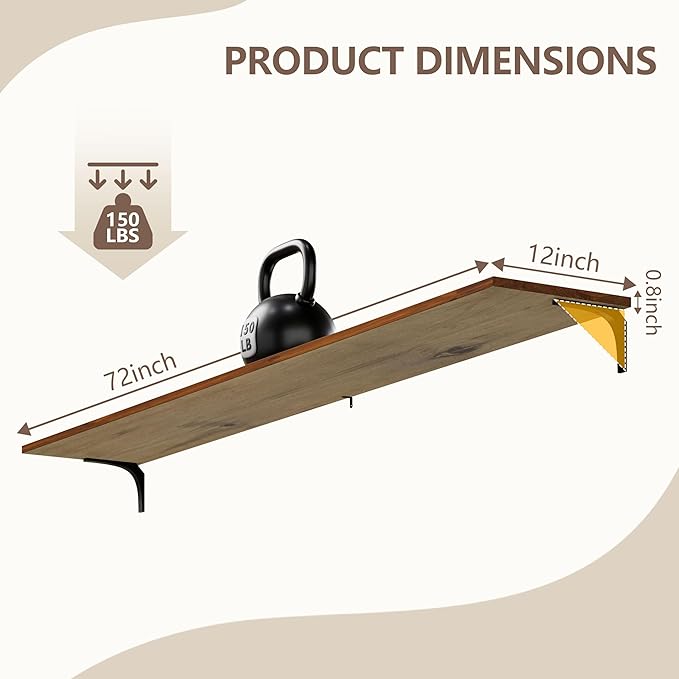 12 Inch Deep Floating Shelves Set of 2, 72 Inch Extra Wide Vintage Walnut Solid Wood Wall Shelves, 6ft Heavy Duty Farmhouse Wall Mounted Shelving for Kitchen, Living Room & Bedroom