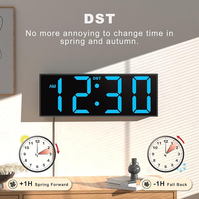 JALL 12'' Large Digital Wall Clock, Big LED Number Dispaly, DST, Night Light for Classroom, Living Room, Bedroom, Mounted, Birthday Xmas Gift for Senior, Mem Womem Mom Dad, Blue
