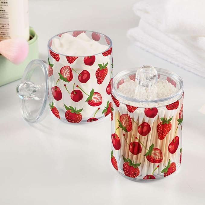 2 Pack Qtip Holder Dispenser for Cotton Ball Strawberry Cherry Red Swab Round Pads Clear Plastic Acrylic Jar Set Bathroom Canister