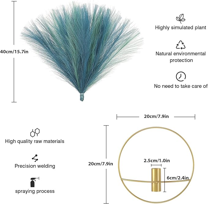 Pretty Jolly Boho Wall Art, Hanging Artificial Pampas Display, 2 Pack - Wall-Mounted Metal Wall Art for Living Room, Bedroom, Bathroom, Dining Room - Bright Blue, Green, Gold