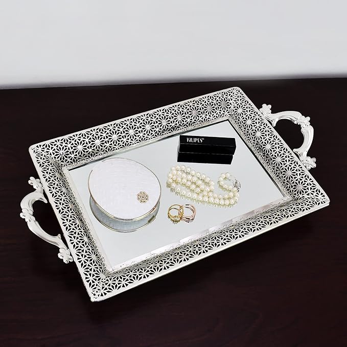 Decorative Mirrored Tray Home Decor Vanity Tray for Dresser Make Up Jewelry Organizer Silver Perfume Tray Rectangle Decorative Serving Glass Mirror