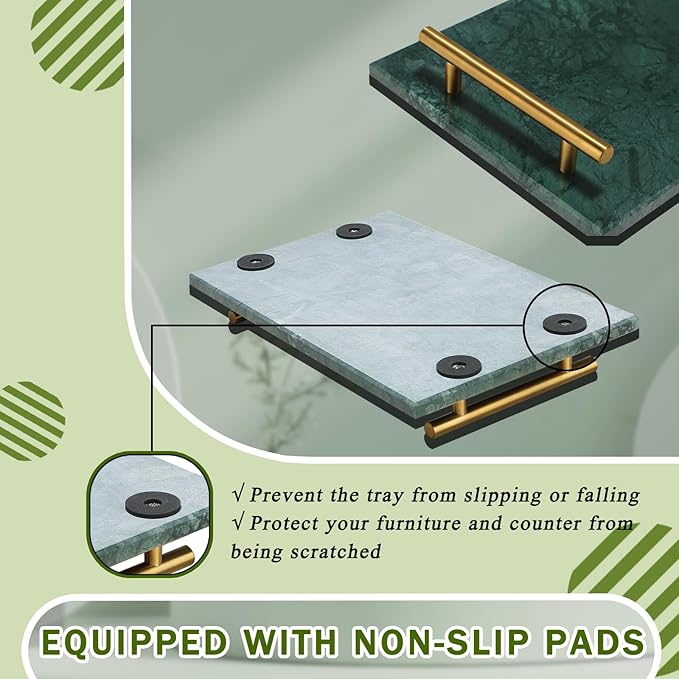 MAOPINER Marble Stone Decorative Perfume Tray with Copper Color Metal Handles, Handmade Jewellery Catchall Trinket Tray for Counter, Vanity, Dresser, Nightstand and Desk (Green)