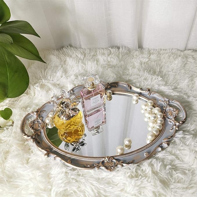 Oval Decorative Mirror Tray, French Style, Makeup Organizer, Jewelry Organizer, Serving Tray, 9.8"x 14.6", Golden Grey