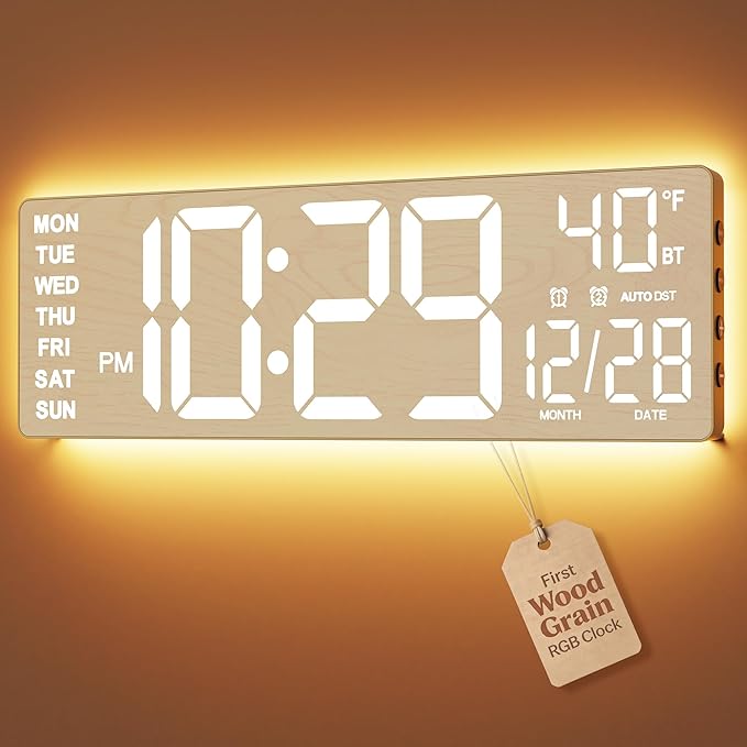EASYERA 16.5" Large Digital Wall Clock with BT Sync, Wood Grain Clock with 11 RGB Light Scenes, Remote Control, Dual Alarms with Big LED Display, Auto DST, Temperature for Classroom Gaming
