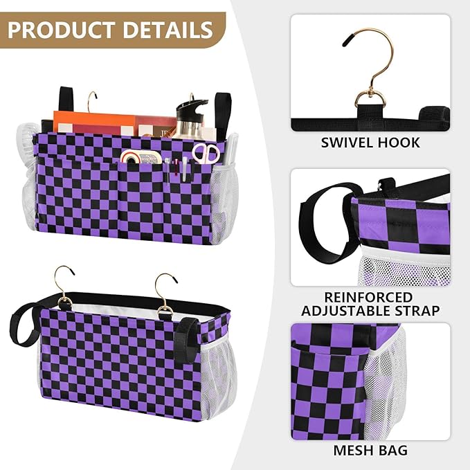 Checkerboard Black Purple Plaid Print Bedside Caddy Storage Bag Bedside Organizer for Bunk Bed Headboards College Organizer Caddy Hanging Shelf 6 Pockets with Hooks for Drinks Magazine Phone Holder