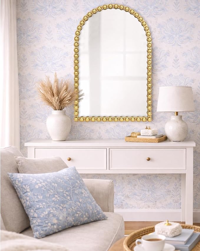 Gold Beaded Arched Wall Mirror 24x36 Inch, Vintage Decorative Arch Mirror with Beaded Frame, Accent Mirror for Entryway, Bathroom, Living Room, Bedroom, Fireplace