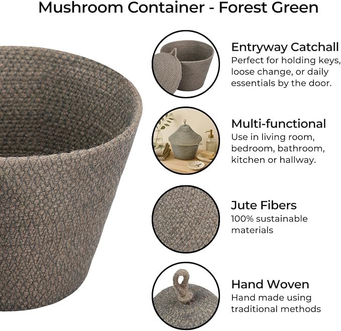 Olea Mushroom Container – Handmade 12" Woven Jute Decorative Storage Basket – Rustic Storage for Entryway, Bathroom, Kitchen, or Boho Cottagecore Decor - Forest Green
