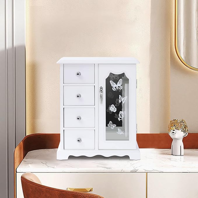 White Jewelry Box - Rotatable Hook with Large Mirror Dresser Decor - Wooden Makeup and Accessories Organizer with 4 Drawers - Wood Jewelry Case with Mirror for Necklaces, Earring, Rings
