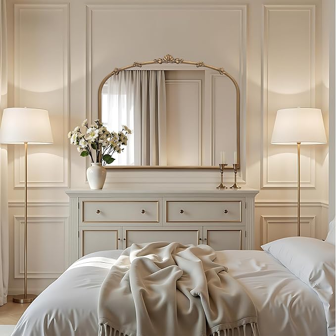 Besdomus Large Vintage Gold Mirror: 36"x29" Traditional Ornate Arched Mirror - French Baroque Antique Mirrors for Wall/Mantel/Bedroom/Entryway/Bathroom/Hallway - Home Decor for Fashion-Conscious
