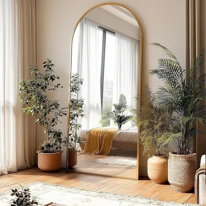 KOMCOTE 71x28 Inch Arched Floor Mirror - Full Length Gold Standing Mirror for Bedroom, Living Room, Dressing - Tall Leaner Mirror with Arch Design, Wall or Free-Standing Decor