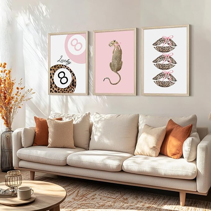 Pink Leopard Wall Art Decor Cheetah Trendy Poster Preppy Aesthetic Canvas Room Decor Pictures Coquette Y2k Wall Art 8 Ball Prints Pink Fashion Bow Artwork for Girls Bedroom 16x24x3 Inch Wood Framed