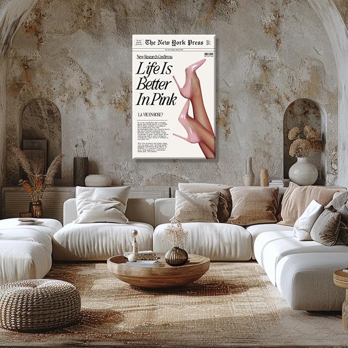 Trendy Baby Pink Poster 70s Canvas Prints The New York Press Wall Art Life Is Better in Pink Hot Girl Posters Preppy Aesthetic Decor Bedroom for Cool Girly Room Home Dorm 16x24inch Unframed