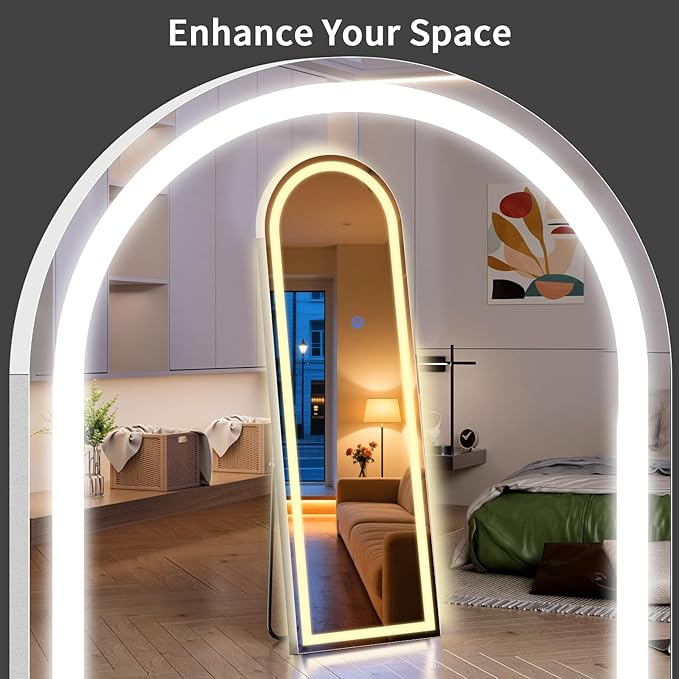 Arch Full Length Standing Mirror with LED Lights, 56"x20" Lighted Mirror with Dimming & 3 Color Lighting, Tall Mirror Full Body for Bedroom, Dressing Room