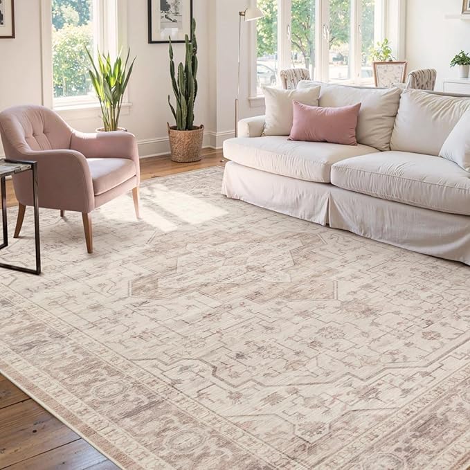 Rugxara Pink 6x9 Washable Area Rug for Living Room & Bedroom, Rugs for Girls Women, Non Slip, Durable Low Pile Carpet, Vintage Carpets for Office, Dining Room, Kids Room and Farmhouse