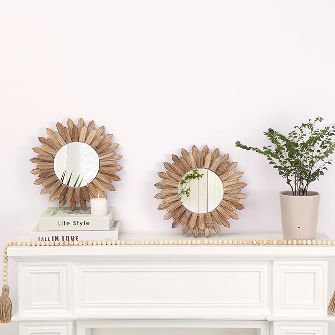 LOSOUR 2 Pack Boho Wall Decor Sunburst Mirror 12 inch Rustic Round Wood Mirror Boho Mirror Farmhouse wall Decor for Bedroom Living Room Entryway